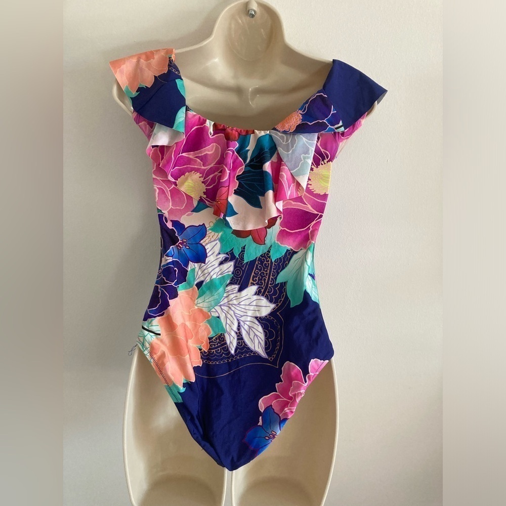 Trina Turk Opulent Oasis Off Shoulder Ruffle Bandeau One Piece Swimsuit - Picture 4 of 14